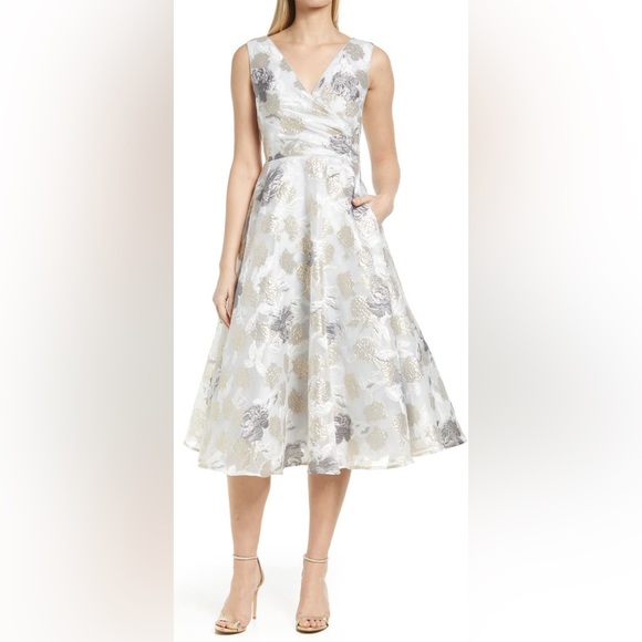 Eliza J Dresses & Skirts - ELIZA J Floral Sleeveless Faux Wrap Midi Dress in Ivory Gold